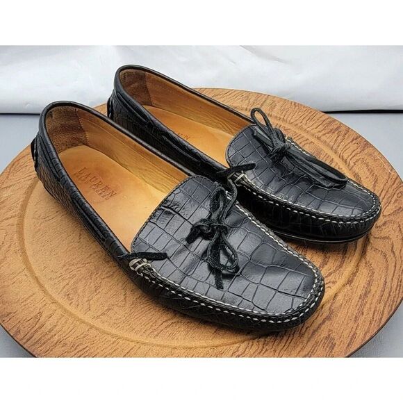 Lauren Ralph Lauren Croc Print Leather Loafers Women's Sz 7 Slip-On Shoes - Picture 1 of 14